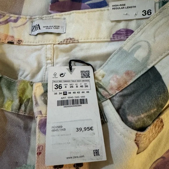 Zara NWT Size 4 Cream Pastel Seashell Art Print Straight Leg Jeans - Picture 10 of 11